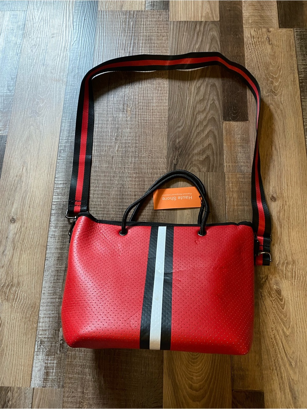 HAUTE SHORE Red Perforated Tote with Black and White Center Stripe